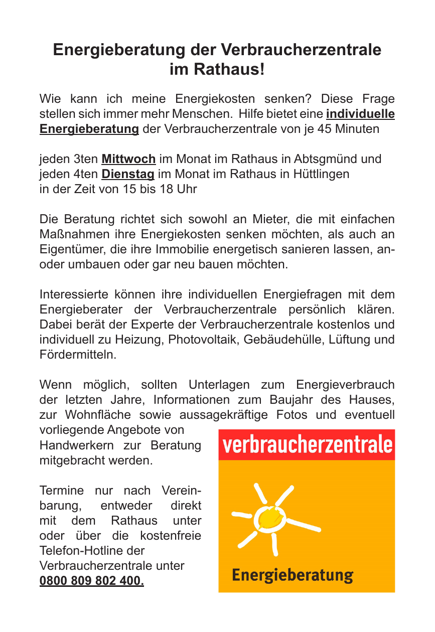 Anzeige Energieberatung der Verbraucherzentrale im Rathaus